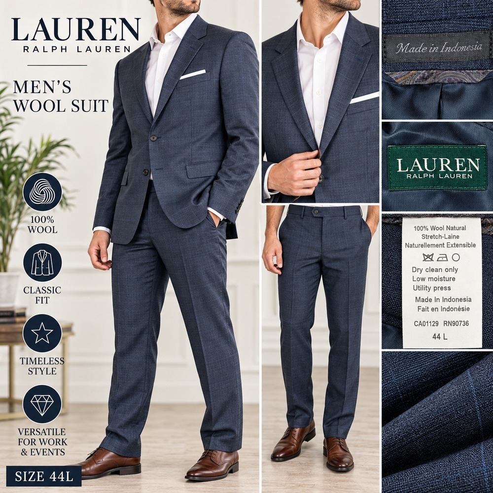 Lauren Ralph Lauren Wool Suit Men 44L Blue Wool Plaid L/S Classic Fit Stretch